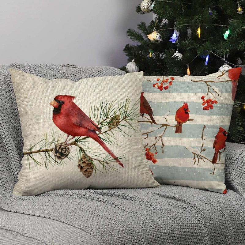 Fjfz Winter Vibes Cardinal Red Birds Decorative Throw Pillow Cover 18x18 Set of 4  Berry Wreath Pine Cones Kerosene Lamp Home Christmas Decoration  Snow Farmhouse Cushion Case for Sofa Couch Decors - Image 5